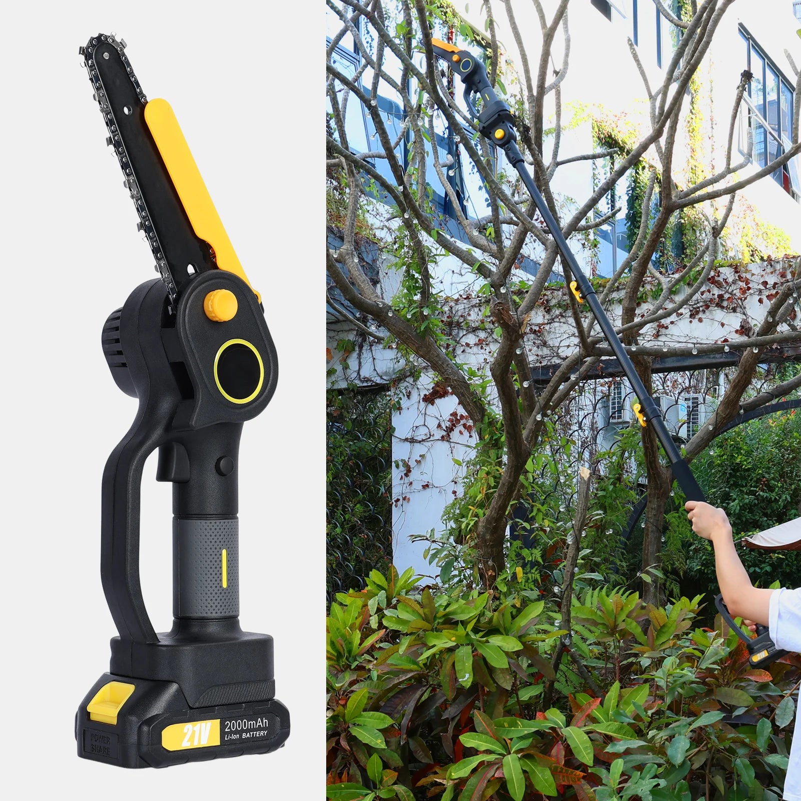2-In-1 Cordless Pole Saw & Mini Chainsaw, Brushless Electric Chain Saw with 2 X 2.0Ah Battery, 4.9-7.5Ft Adjustable Pole Saw