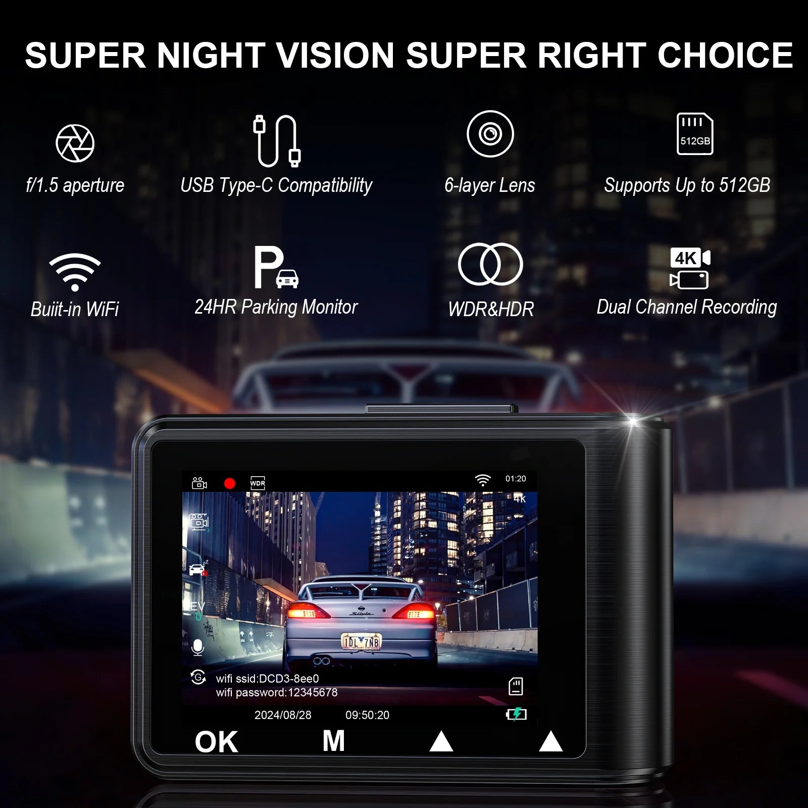 4K Dash Cam with Wi-Fi, Rear 1080P Camera, 2" IPS Screen, WDR, Night Vision, Loop Recording, G-Sensor, Parking Mode – Includes 32GB SD Card, Easy Install