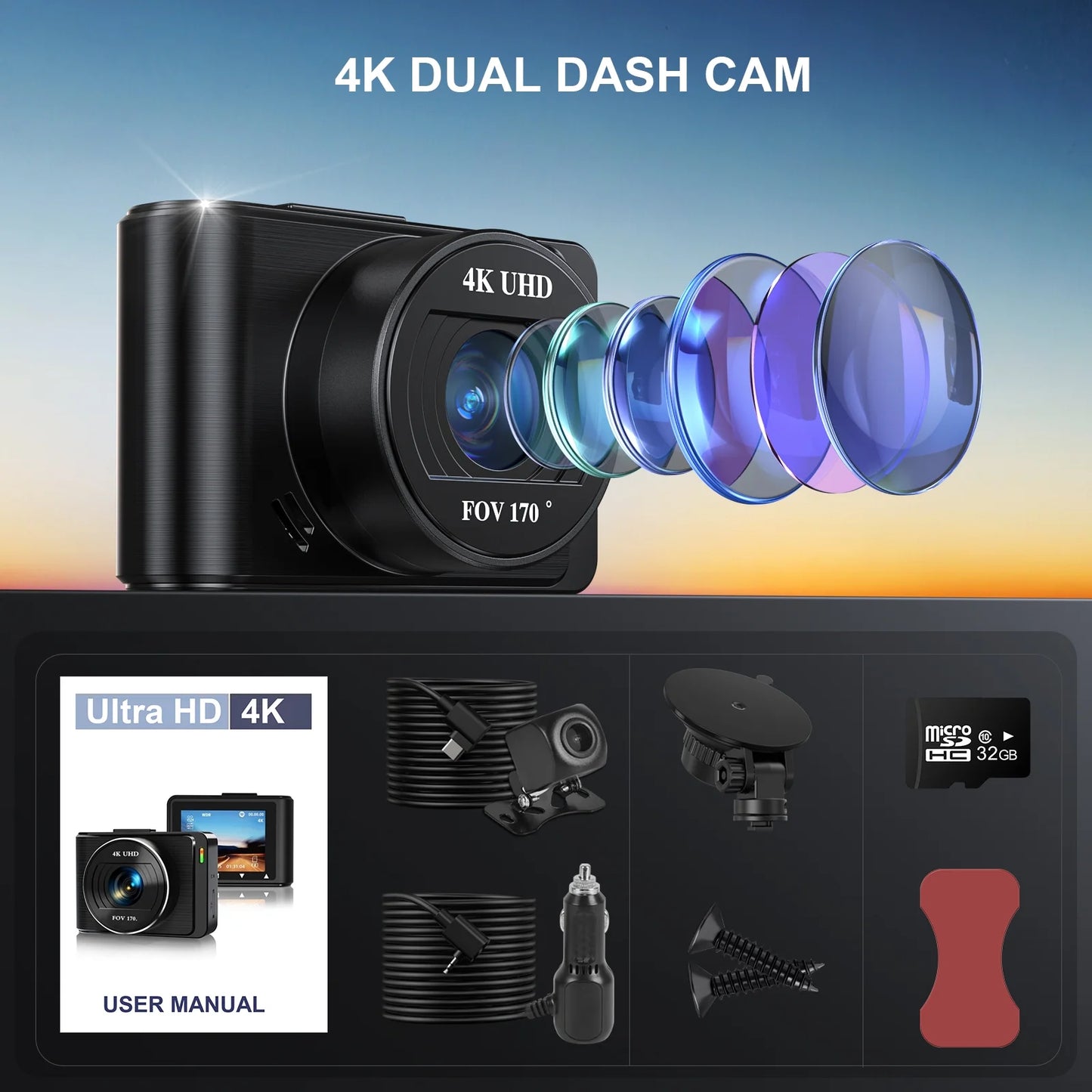 4K Dash Cam with Wi-Fi, Rear 1080P Camera, 2" IPS Screen, WDR, Night Vision, Loop Recording, G-Sensor, Parking Mode – Includes 32GB SD Card, Easy Install
