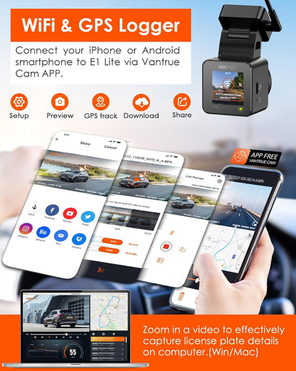 E1 Lite 1080P Wifi Mini Dash Cam with GPS and Speed, Free App, Voice Control Detachable Dash Camera, 24 Hours Parking Mode, Night Vision, Motion Detection, Loop Recording, Support 512GB Max