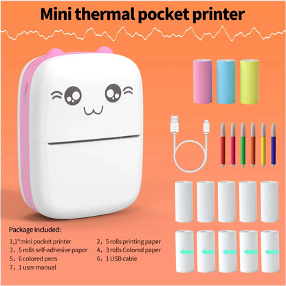 Mini Hot Pocket Printer,Ink Free Sticker Printer, Mini Pocket Printer with 13 Rolls of Hot Paper,Ios Android Application