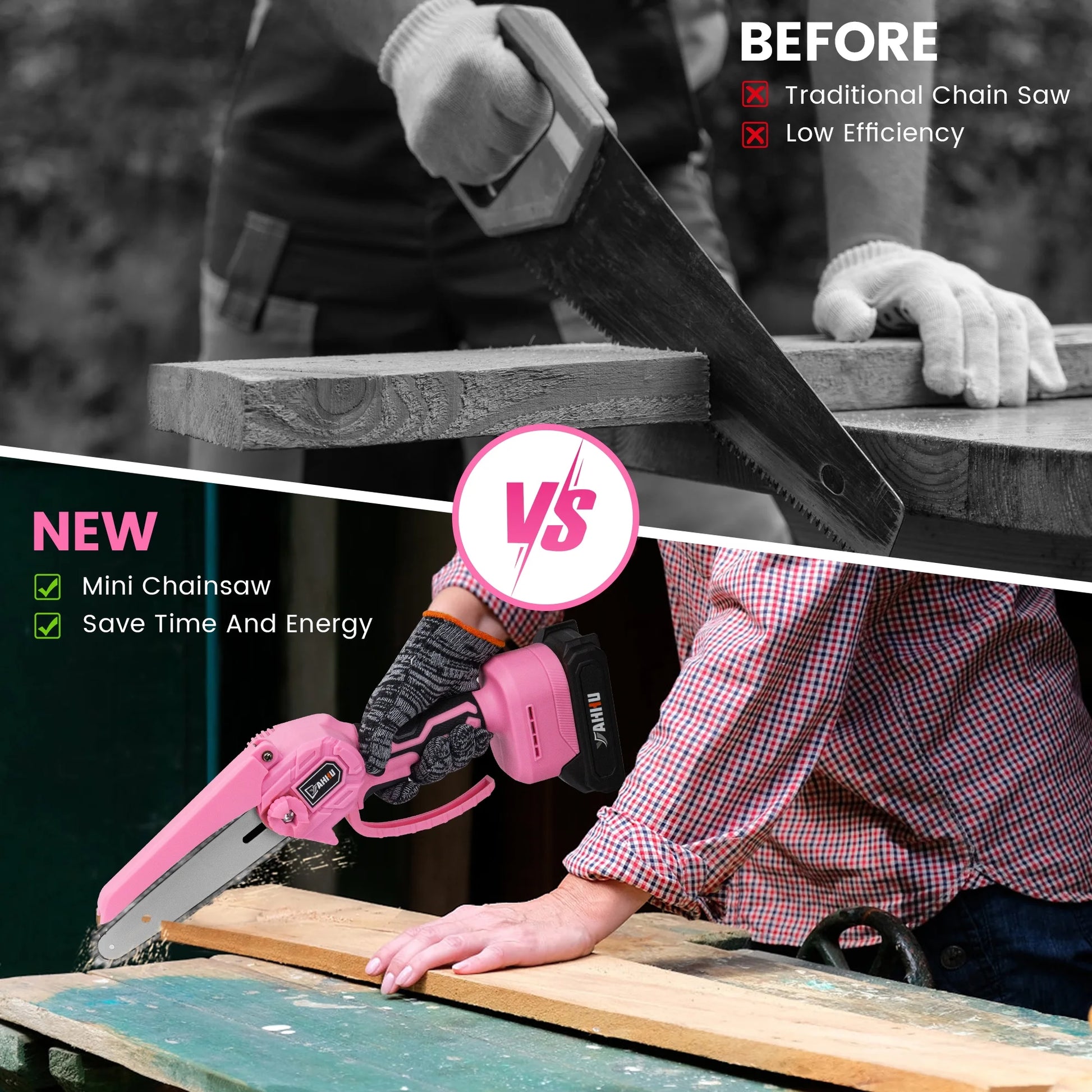 6-Inch Portable Pink Mini Chainsaw – Handheld Cordless Electric Chainsaw with 21V Battery – New