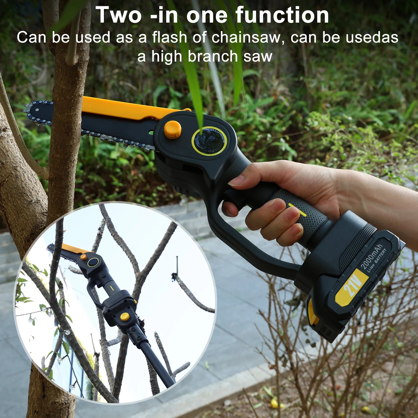2-In-1 Cordless Pole Saw & Mini Chainsaw, Brushless Electric Chain Saw with 2 X 2.0Ah Battery, 4.9-7.5Ft Adjustable Pole Saw
