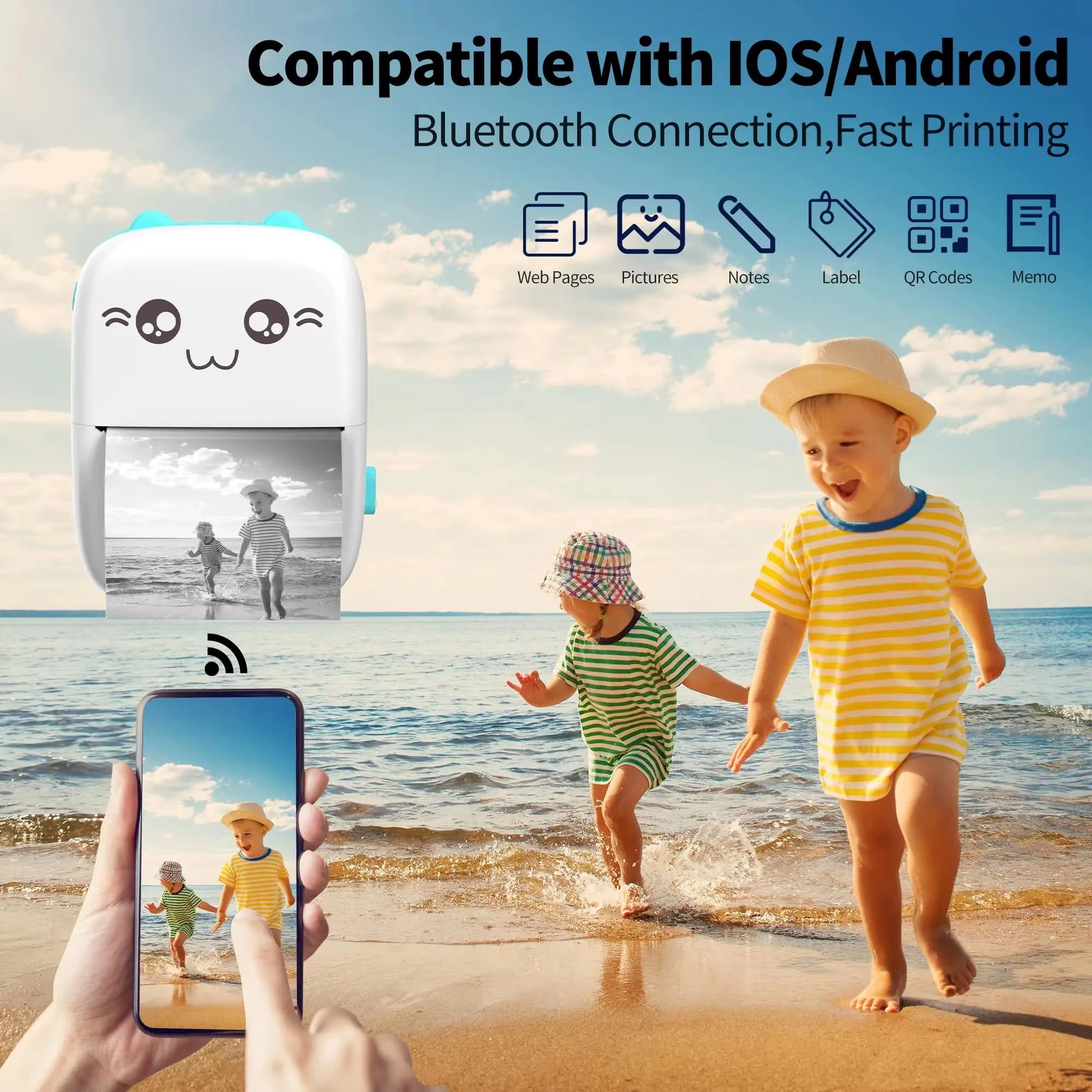 Mini Hot Pocket Printer,Ink Free Sticker Printer, Mini Pocket Printer with 13 Rolls of Hot Paper,Ios Android Application