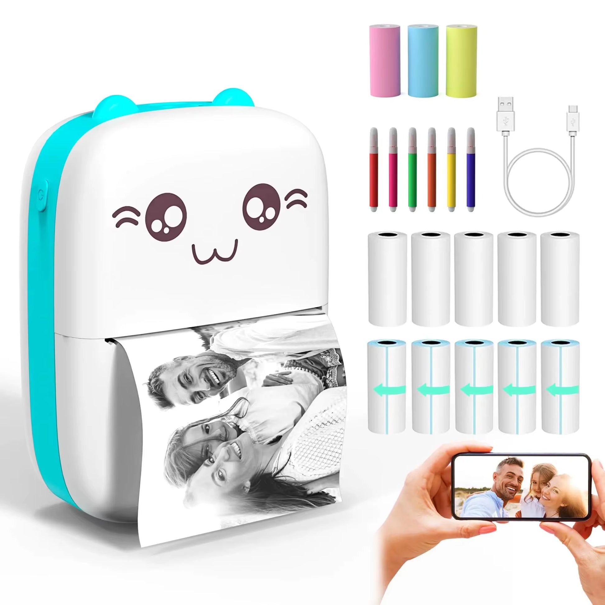 Mini Hot Pocket Printer,Ink Free Sticker Printer, Mini Pocket Printer with 13 Rolls of Hot Paper,Ios Android Application