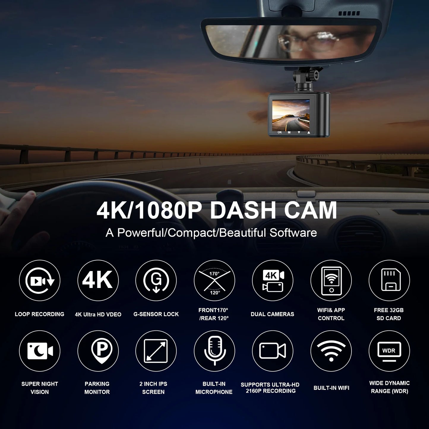 4K Dash Cam with Wi-Fi, Rear 1080P Camera, 2" IPS Screen, WDR, Night Vision, Loop Recording, G-Sensor, Parking Mode – Includes 32GB SD Card, Easy Install