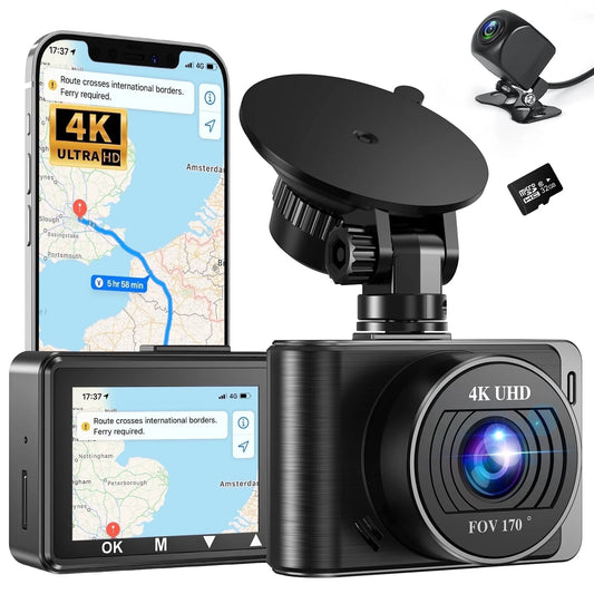 4K Dash Cam with Wi-Fi, Rear 1080P Camera, 2" IPS Screen, WDR, Night Vision, Loop Recording, G-Sensor, Parking Mode – Includes 32GB SD Card, Easy Install
