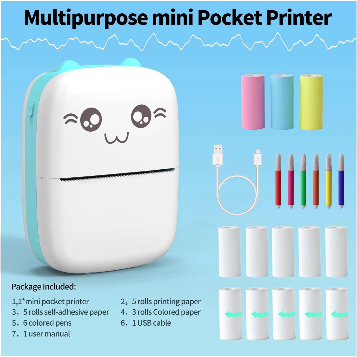 Mini Hot Pocket Printer,Ink Free Sticker Printer, Mini Pocket Printer with 13 Rolls of Hot Paper,Ios Android Application
