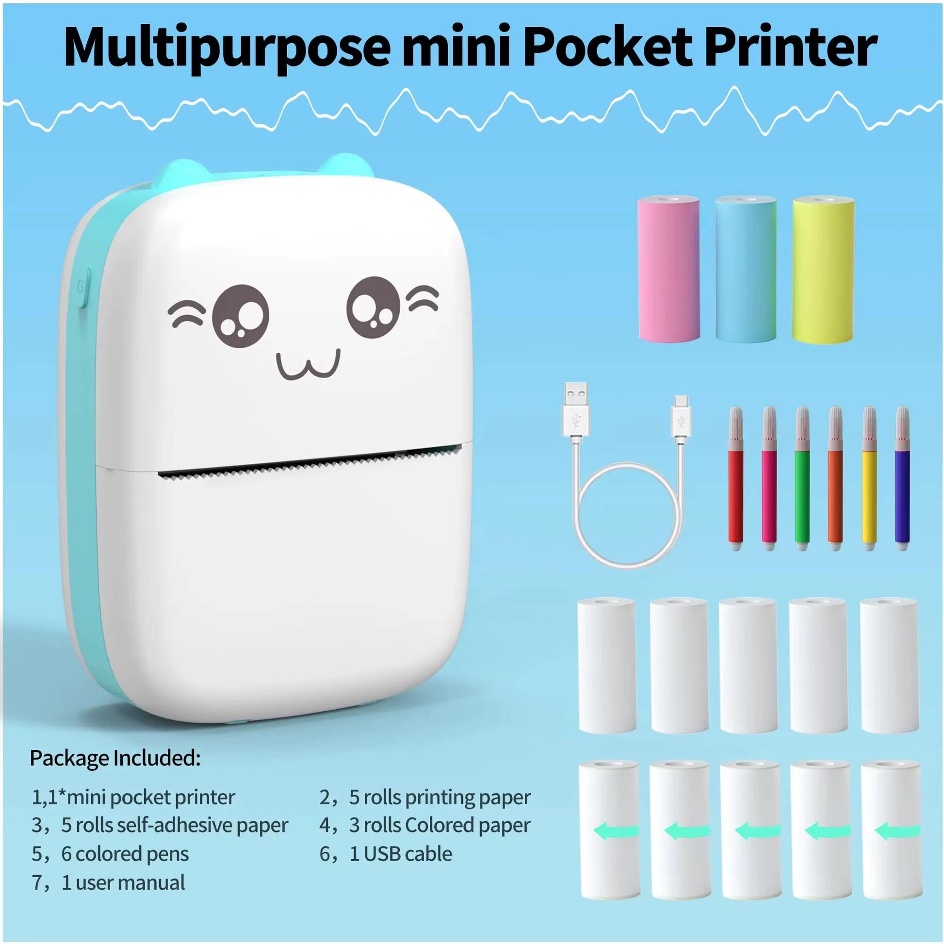 Mini Hot Pocket Printer,Ink Free Sticker Printer, Mini Pocket Printer with 13 Rolls of Hot Paper,Ios Android Application