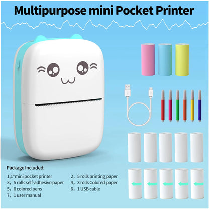 Mini Hot Pocket Printer,Ink Free Sticker Printer, Mini Pocket Printer with 13 Rolls of Hot Paper,Ios Android Application