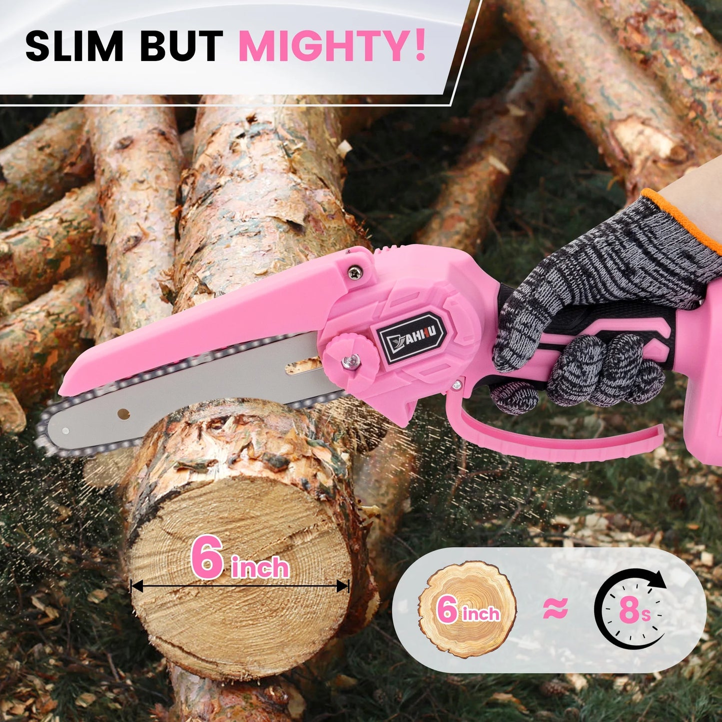 6-Inch Portable Pink Mini Chainsaw – Handheld Cordless Electric Chainsaw with 21V Battery – New